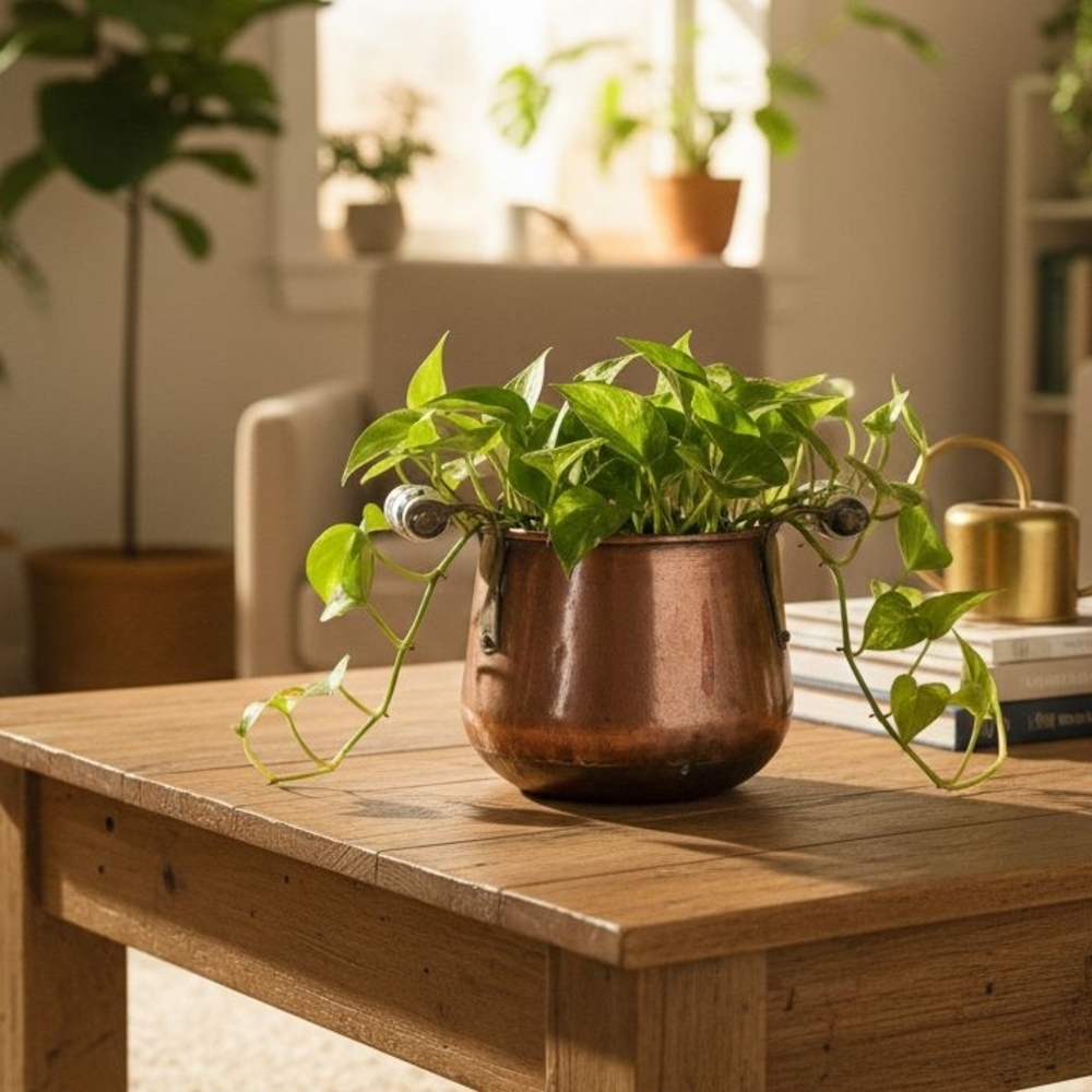 Vintage Copper planter cauldron  pot w/ Blue White porcelain handles Delft Style